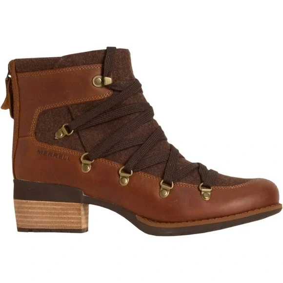 Merrell Women Boots Sz 10.5 Shiloh II Warm Leather Oak Ankle Block Heel Zip Back - Picture 6 of 6